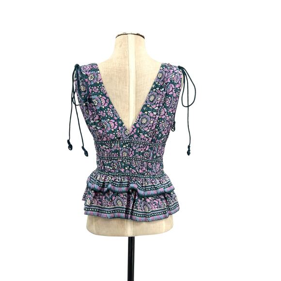 Omika Adaline Top Sleeveless Smocked Peplum Floral Print Blue Pink Green Size XS - Picture 8 of 9
